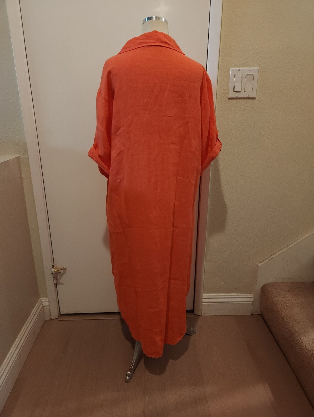 Button-Front Salmon Linen Shirt Dress - Picture 3 of 5